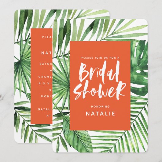 Vrijgezellenfeest voor tropisch palmblad en script save the date (Voorkant / Achterkant)