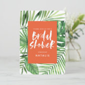 Vrijgezellenfeest voor tropisch palmblad en script save the date (Staand voorkant)