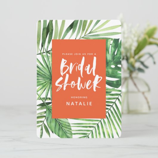 Vrijgezellenfeest voor tropisch palmblad en script save the date (Staand voorkant)