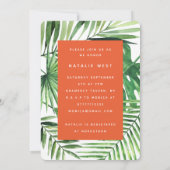 Vrijgezellenfeest voor tropisch palmblad en script save the date (Achterkant)