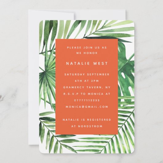 Vrijgezellenfeest voor tropisch palmblad en script save the date (Achterkant)