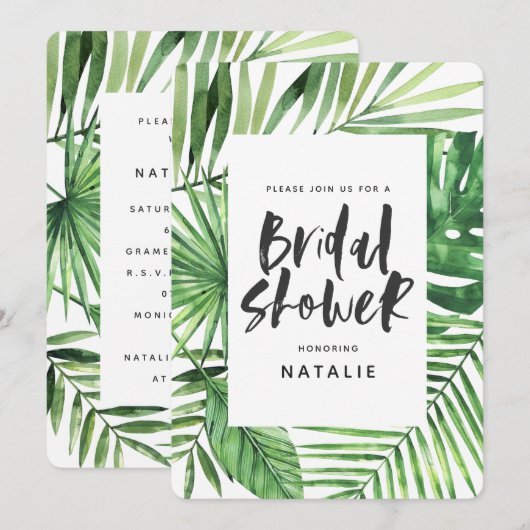 Vrijgezellenfeest voor tropisch waterverf palmblad save the date (Voorkant / Achterkant)