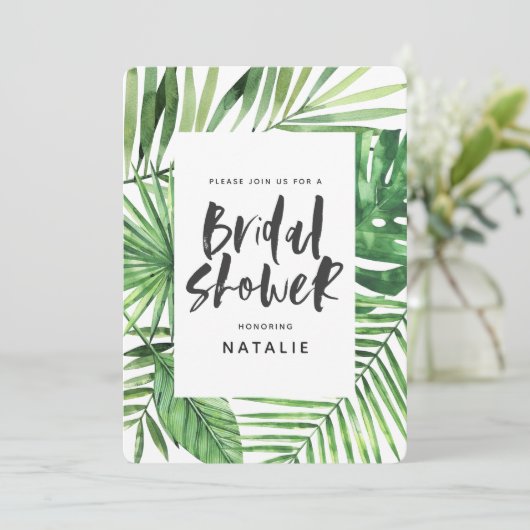 Vrijgezellenfeest voor tropisch waterverf palmblad save the date (Staand voorkant)