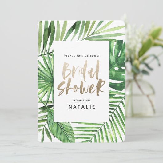 Vrijgezellenfeest voor tropische handpalmen en gou save the date (Staand voorkant)