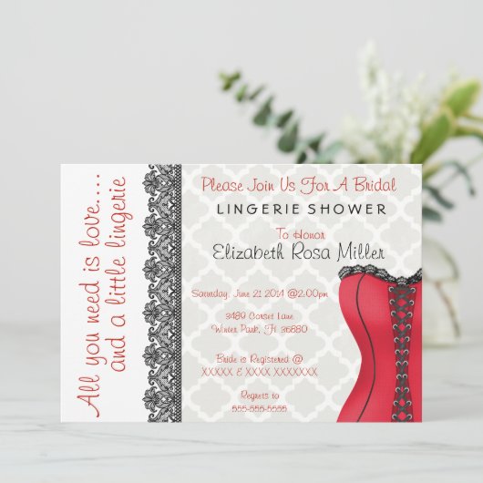 Vrijgezellenfeest voor zwarte en rode corset linge kaart (Staand voorkant)