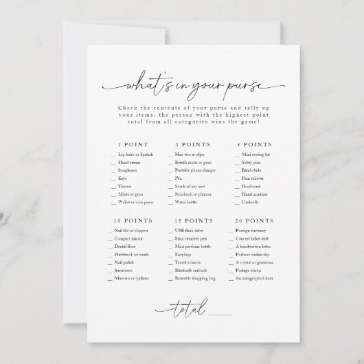 Vrijgezellenfeest Wat zit er in je tas spel Kaart (Voorkant)