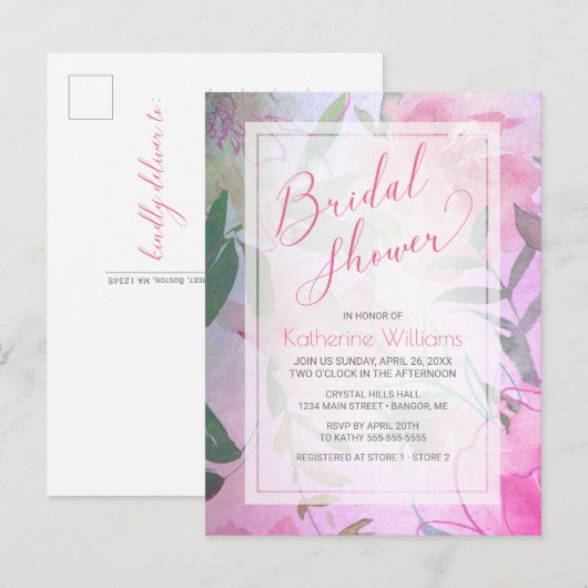 Vrijgezellenfeest Waterverf Floral Pink Paars Peon Uitnodiging Briefkaart (Voorkant / Achterkant)