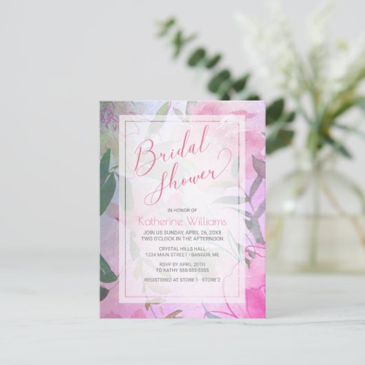 Vrijgezellenfeest Waterverf Floral Pink Paars Peon Uitnodiging Briefkaart (Staand voorkant)