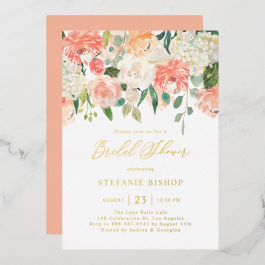 Vrijgezellenfeest waterverf Perzikbloem en Ivory F Folie Uitnodiging (Voorkant / Achterkant)