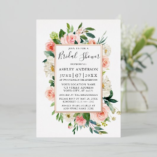 Vrijgezellenfeest Waterverf Roze Floral Roos Gold Folie Uitnodiging (Staand Voorkant)