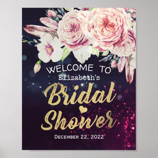 Vrijgezellenfeest Welkom Boho Floral Feathers Paar Poster (Voorkant)