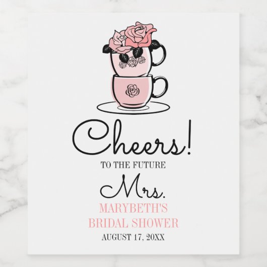 Vrijgezellenfeest Wijnlabel Tea Teacup Flowers Wijn Etiket (Enkel label)