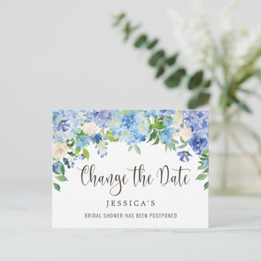 Vrijgezellenfeest Wijzig de datum Blue Hydrangeas Briefkaart (Staand voorkant)
