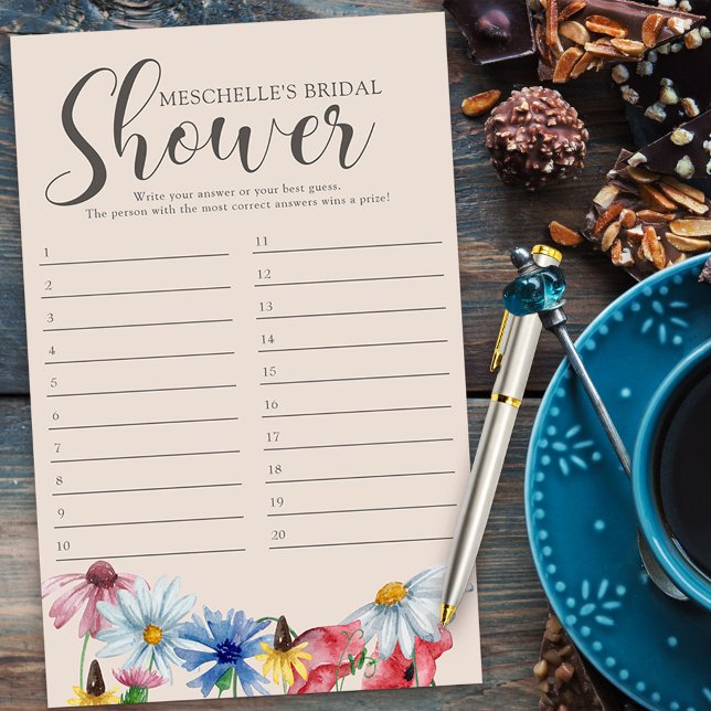 Vrijgezellenfeest Wilde bloem Kaart Antwoord (DIY Bridal Shower Game or Baby Shower game answer sheet from my Wildflower Charm collection)