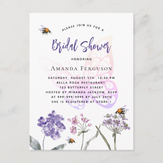 Vrijgezellenfeest wilde bloemen schenden roze vlin uitnodiging briefkaart (Voorkant)