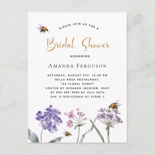 Vrijgezellenfeest wilde bloemen violet roze bij uitnodiging briefkaart (Voorkant)