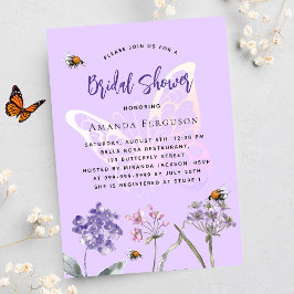 Vrijgezellenfeest wilde bloemen violet vlinder uitnodiging briefkaart