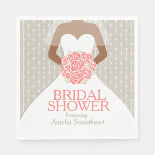 Vrijgezellenfeest wit trouwjurk koraal rozen servet