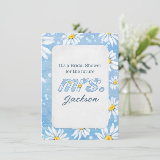 Vrijgezellenfeest witte madeliefjes op blauw kaart (Staand voorkant)