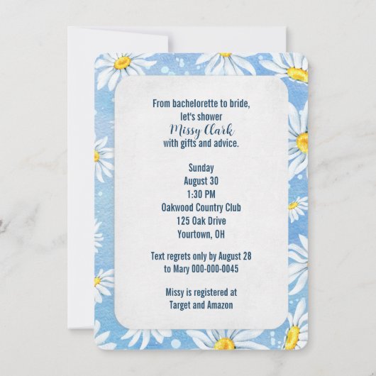 Vrijgezellenfeest witte madeliefjes op blauw kaart (Achterkant)