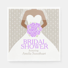 Vrijgezellenfeest witte trouwjurk paarse rozen servet