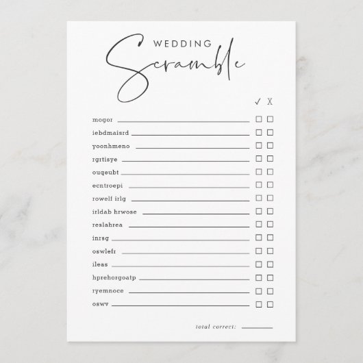 Vrijgezellenfeest Word Scramble & Trivia Game Kaar Kaart (Voorkant)