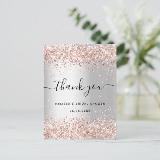Vrijgezellenfeest zilver roos goud glitter dank u briefkaart (Staand voorkant)