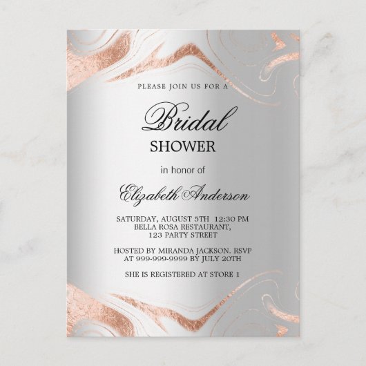 Vrijgezellenfeest zilver roos gouden marmer elegan uitnodiging briefkaart (Voorkant)