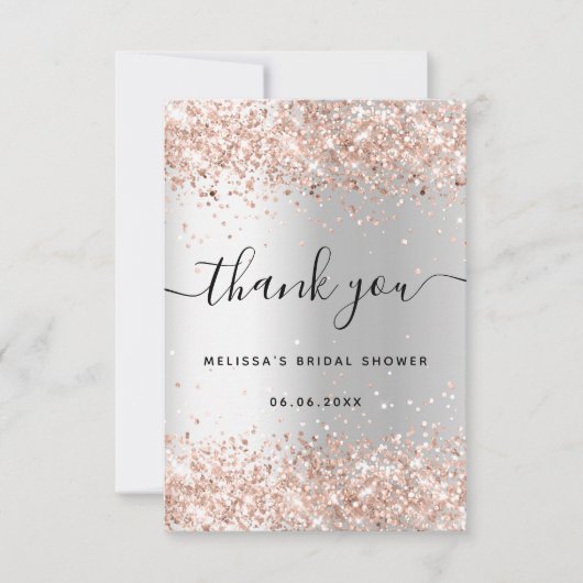 Vrijgezellenfeest zilver roos goudglitter bedankkaart (Voorkant)