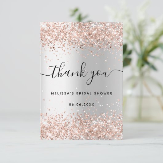 Vrijgezellenfeest zilver roos goudglitter bedankkaart (Staand voorkant)