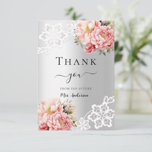 Vrijgezellenfeest zilveren bloemenkant bedankkaart (Staand voorkant)