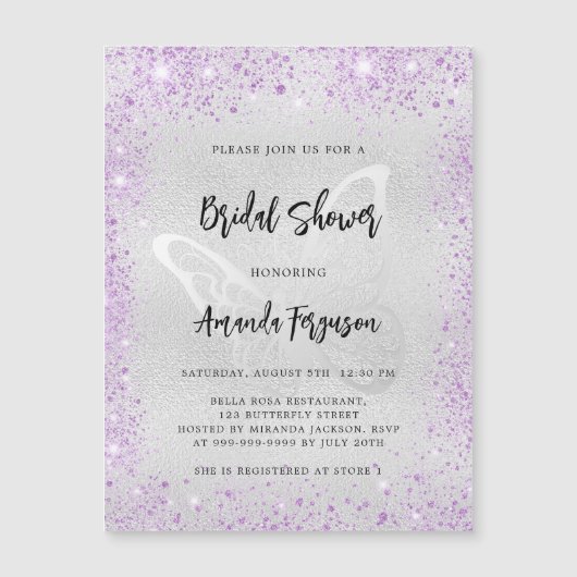 Vrijgezellenfeest zilveren violette vlinder luxe magnetische uitnodiging (Voorkant)