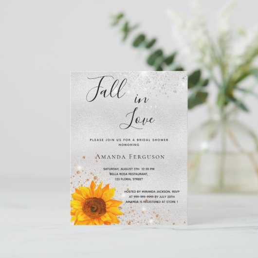 Vrijgezellenfeest zilveren zonnebloem herfst uitnodiging briefkaart (Staand voorkant)