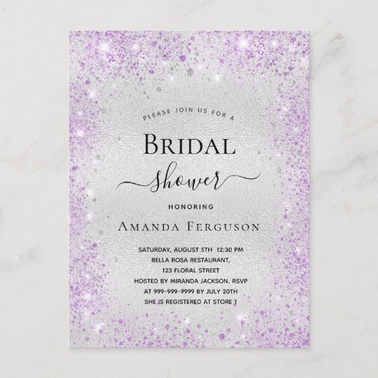 Vrijgezellenfeest zilverglitterstof paarse elegant uitnodiging briefkaart (Voorkant)