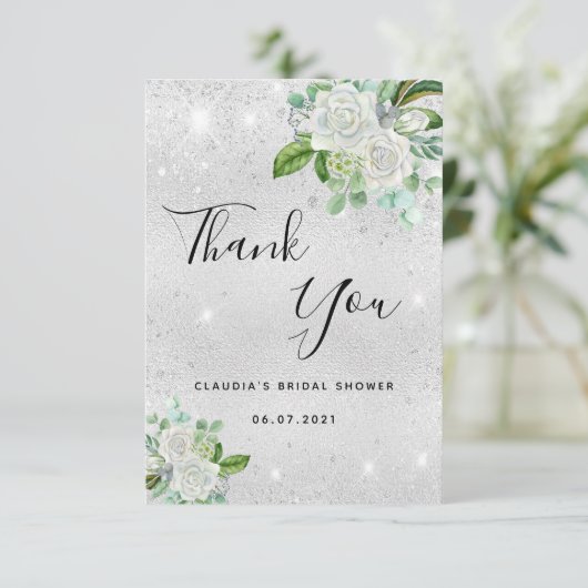 Vrijgezellenfeest zilverglitterwitte floralen bedankkaart (Staand voorkant)