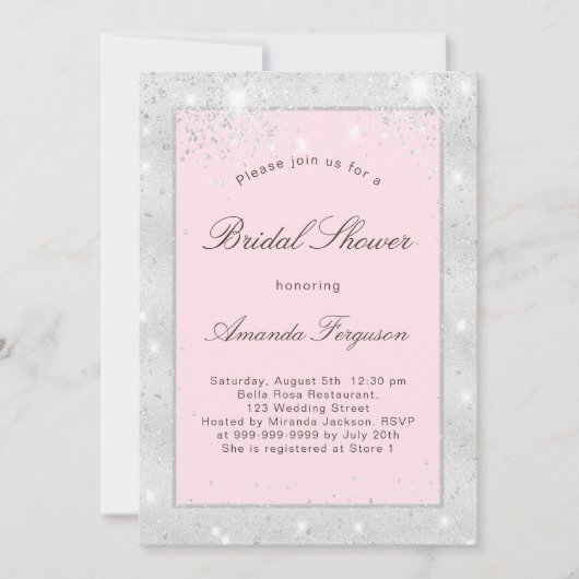 Vrijgezellenfeest zilverkleurig, roze glitter eleg kaart (Voorkant)