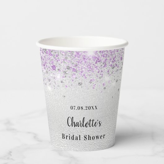 Vrijgezellenfeest zilverpaarse glittermonogram papieren bekers (Achterkant)