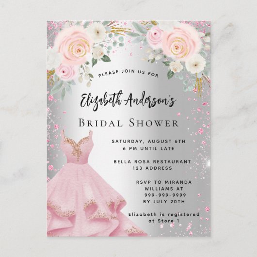 Vrijgezellenfeest zilverroze jurk glitter glamoure uitnodiging briefkaart (Voorkant)