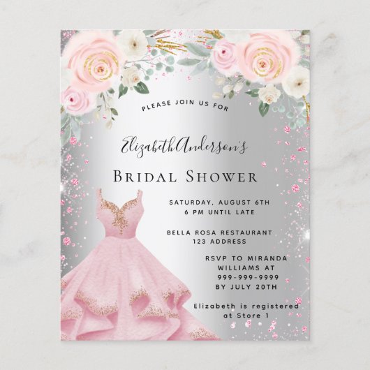 Vrijgezellenfeest zilverroze jurk glitter-uitnodig flyer (Voorkant)