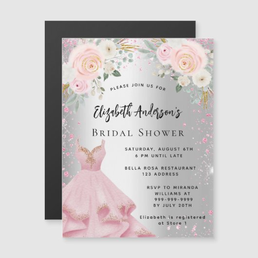 Vrijgezellenfeest zilverroze jurk luxe magnetische uitnodiging (Voorkant / Achterkant)