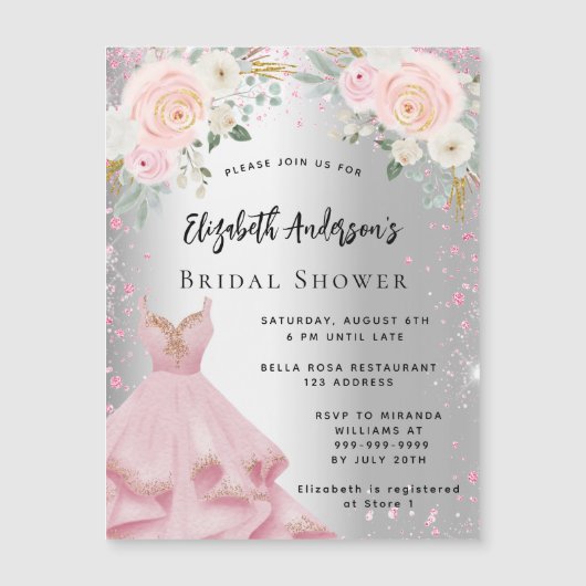 Vrijgezellenfeest zilverroze jurk luxe magnetische uitnodiging (Voorkant)