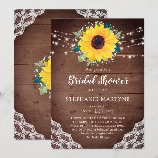 Vrijgezellenfeest Zonnebloem Kant Babys Breath Lig Kaart (Voorkant / Achterkant)