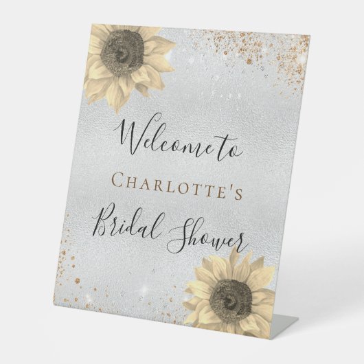 Vrijgezellenfeest zonnebloemen zilvergoud welkom reclamebord met voetstuk (Voorkant)