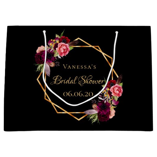 Vrijgezellenfeest zwart bloemetjes bourgogne groot cadeauzakje (Voorkant)