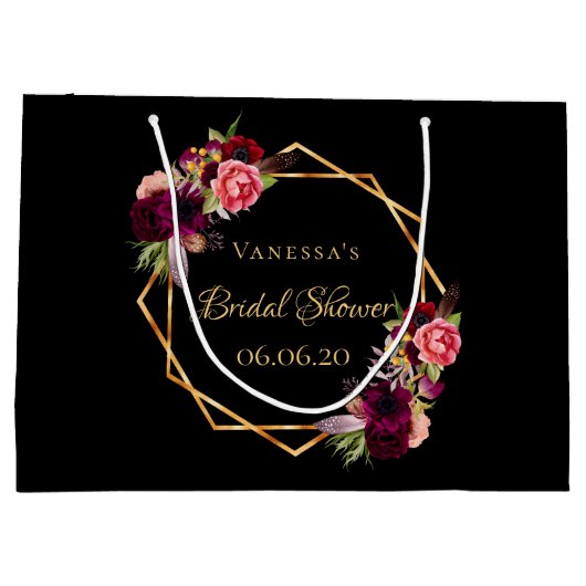 Vrijgezellenfeest zwart bloemetjes bourgogne groot cadeauzakje (Achterkant)