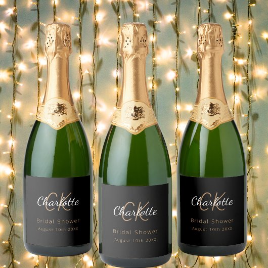 Vrijgezellenfeest zwart goud monogram sparkling wijnetiket