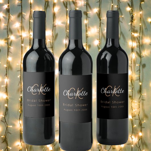 Vrijgezellenfeest zwart goud monogram wijn etiket