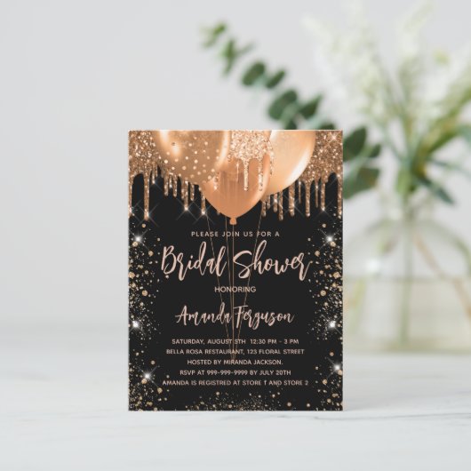 Vrijgezellenfeest zwarte goudballon uitnodiging briefkaart (Staand voorkant)