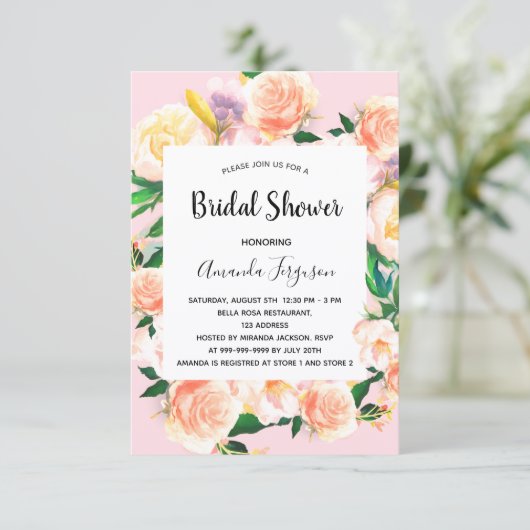 Vrijgezellenfeest zwarte roze floralen roos goud kaart (Staand voorkant)