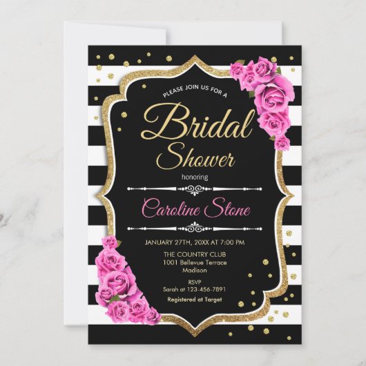 Vrijgezellenfeest - Zwarte witte strepen en roze r Kaart (Voorkant)